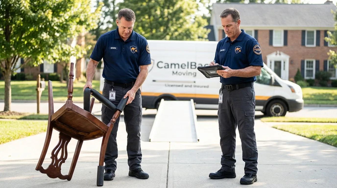 Movers inspecting furniture for damage prevention before loading in Saline, MI