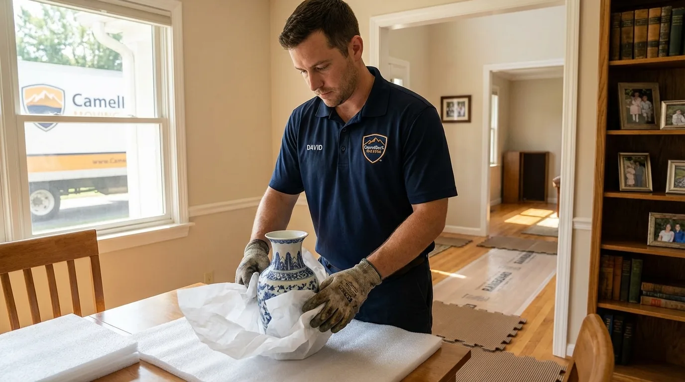 Professional crew carefully wrapping antique vase for senior downsizing move in Saline, MI